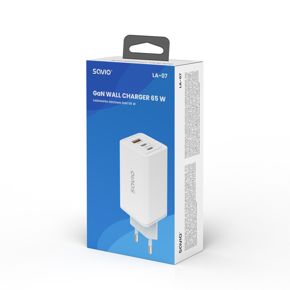 SAVIO LA-07 GaN 65W mains charger, USB, QC4.0+, PD 3.0, White SAVIO LA-07 GaN 65W mains charger, USB, QC4.0+, PD 3.0, White