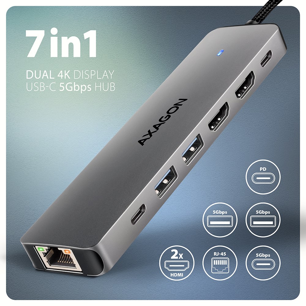 Axagon HMC-7HX2 USB-C 5Gbps DUAL 4K DISPLAY 7in1 hub Axagon HMC-7HX2 USB-C 5Gbps DUAL 4K DISPLAY 7in1 hub