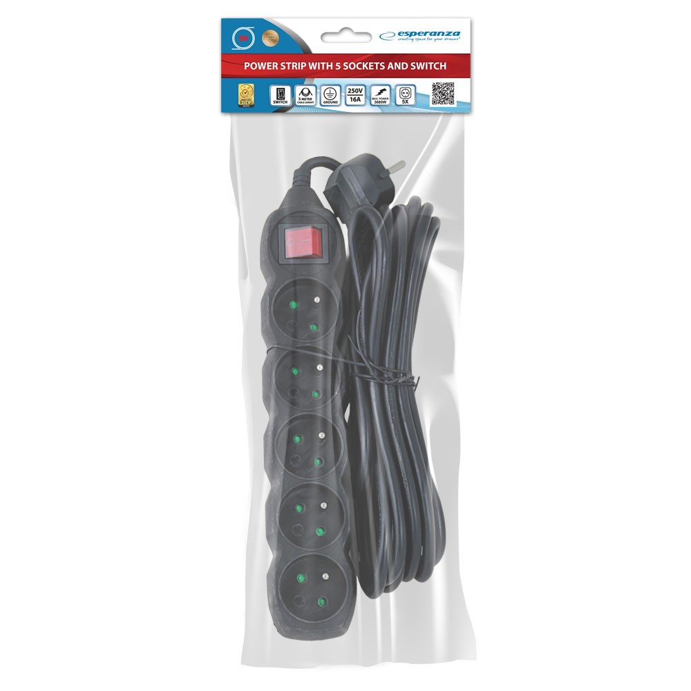 Esperanza ELK216K power extension 5 m 5 AC outlet(s) Indoor Black Esperanza ELK216K power extension 5 m 5 AC outlet(s) Indoor Black