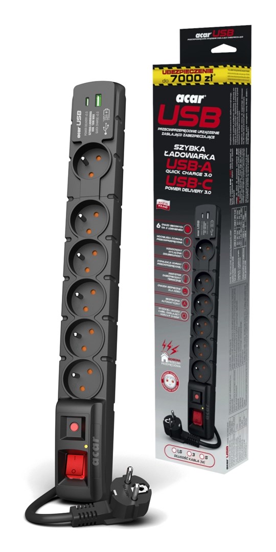 ACAR W2436 surge protector Black 6 AC outlet(s) 230 V 1.5 m ACAR W2436 surge protector Black 6 AC outlet(s) 230 V 1.5 m