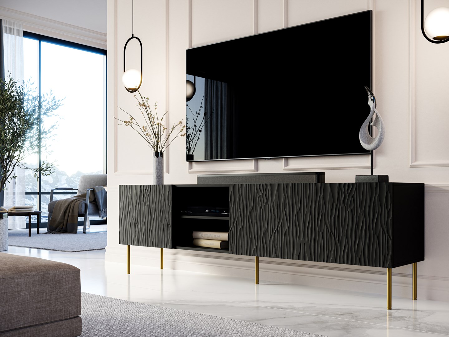 RTV JUNGLE cabinet 190x40.5x59.5 black matt + golden legs RTV JUNGLE cabinet 190x40.5x59.5 black matt + golden legs