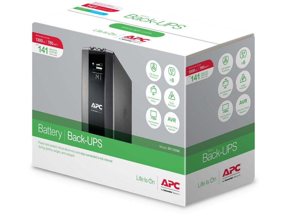 APC Back-UPS Pro, 1300VA/780W, Tower, 230V, 8x IEC C13 outlets, AVR, LCD, User Replaceable Battery APC Back-UPS Pro, 1300VA/780W, Tower, 230V, 8x IEC C13 outlets, AVR, LCD, User Replaceable Battery