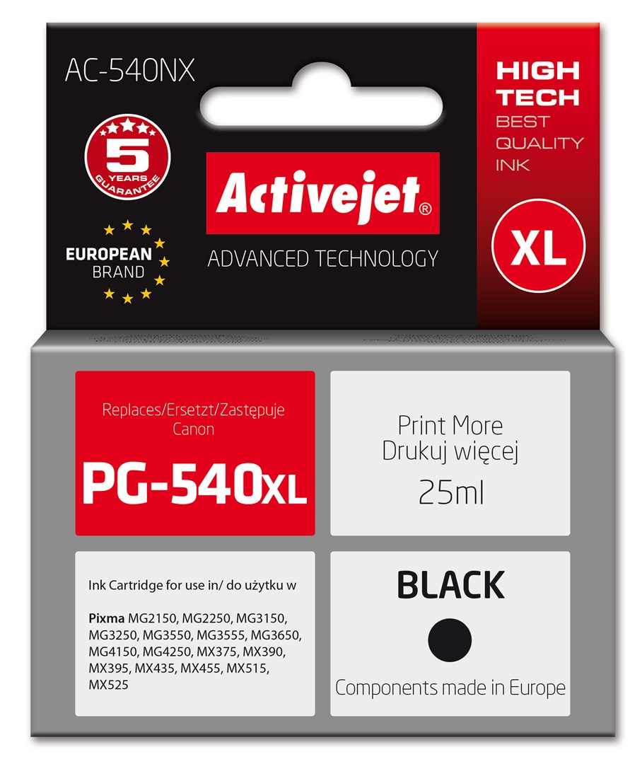 Activejet AC-540NX ink for Canon printer (replacement for Canon PG-540XL) Supreme, 25 ml, black Activejet AC-540NX ink for Canon printer (replacement for Canon PG-540XL) Supreme, 25 ml, black