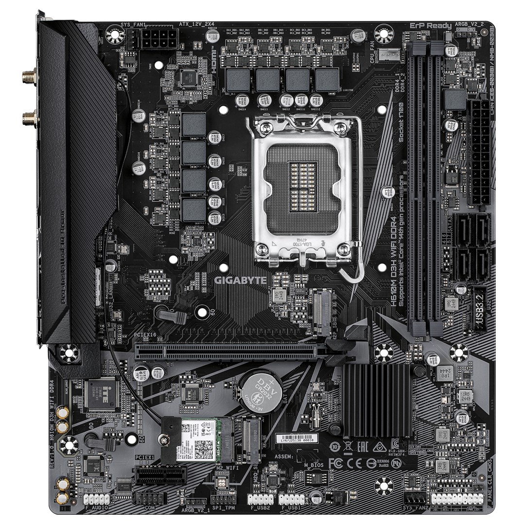 GIGABYTE H610M D3H WIFI DDR4 Motherboard - Supports 14th Gen. Intel Core CPUs, 6+1+1 phases VRM, up to 3200MHz DDR4, 2xPCIe 3.0 M.2, WIFI 5, 1GbE LAN, USB 3.2 Gen 1 GIGABYTE H610M D3H WIFI DDR4 Motherboard - Supports 14th Gen. Intel Core CPUs, 6+1+1 phases VRM, up to 3200MHz DDR4, 2xPCIe 3.0 M.2, WIFI 5, 1GbE LAN, USB 3.2 Gen 1