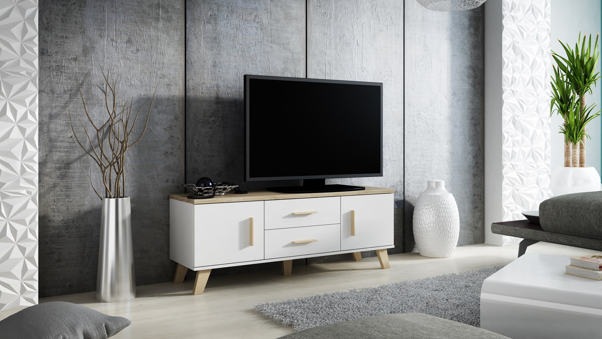 Cama RTV stand LOTTA 140cm white + sonoma oak Cama RTV stand LOTTA 140cm white + sonoma oak