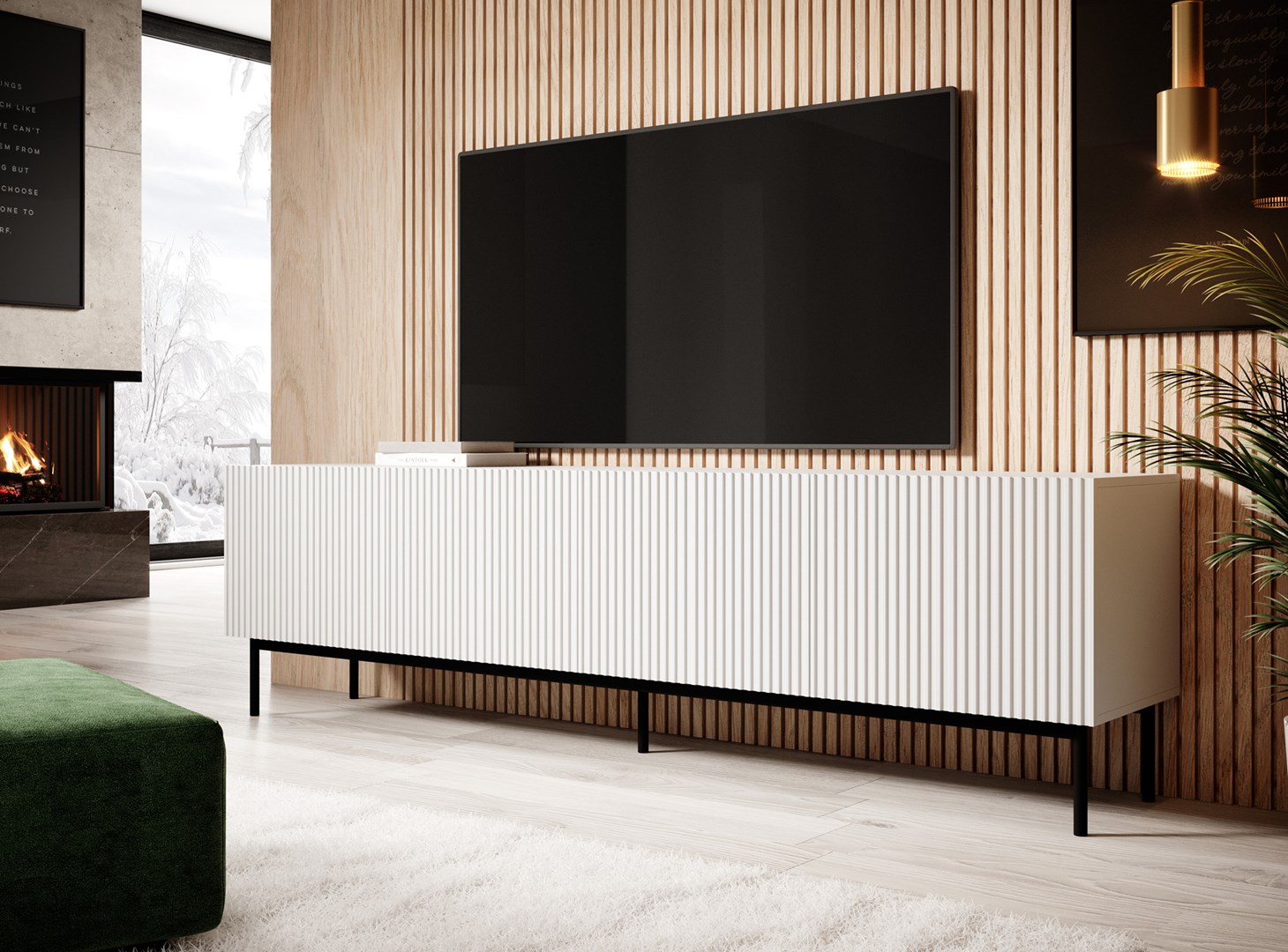 PAFOS RTV cabinet on black steel frame 200x40x60 cm white matt PAFOS RTV cabinet on black steel frame 200x40x60 cm white matt