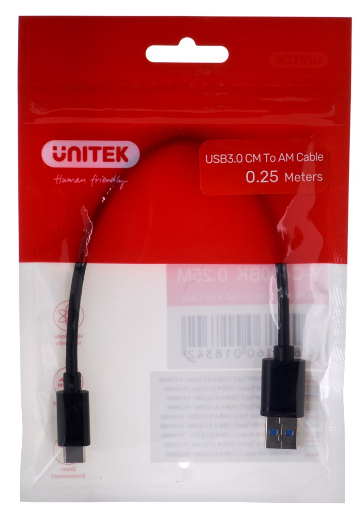 UNITEK CABLE USB-C - USB-A 3.1,M/M,0.25M, Y-C490BK UNITEK CABLE USB-C - USB-A 3.1,M/M,0.25M, Y-C490BK
