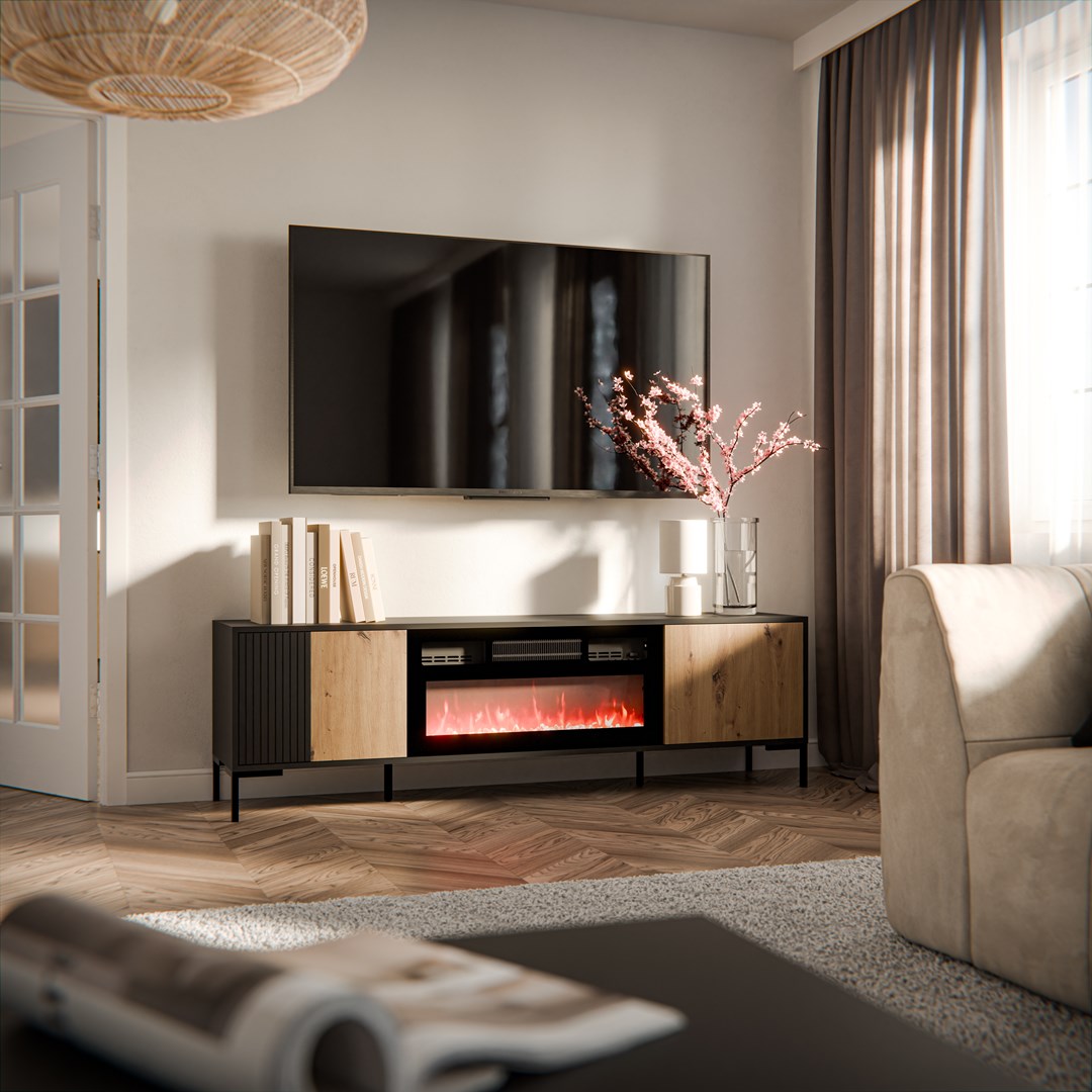Cama RTV Cabinet MERCI 180 x 40 x 53.5 cm black/oak artisan + fireplace Cama RTV Cabinet MERCI 180 x 40 x 53.5 cm black/oak artisan + fireplace