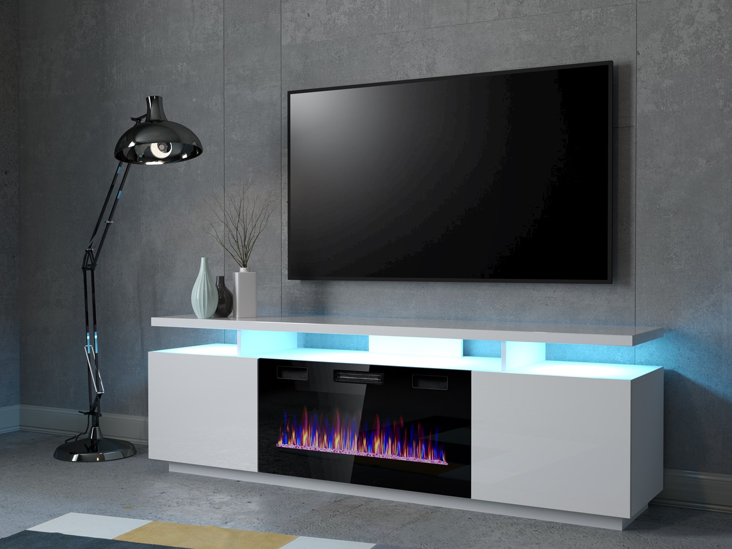 RTV EVA cabinet with electric fireplace 180x40x52 cm white/gloss white RTV EVA cabinet with electric fireplace 180x40x52 cm white/gloss white