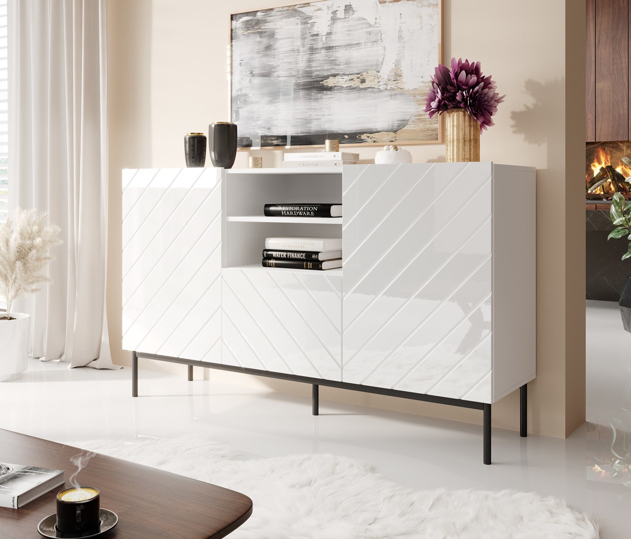 ABETO chest of drawers on black steel frame 150x42x90 white/gloss white ABETO chest of drawers on black steel frame 150x42x90 white/gloss white