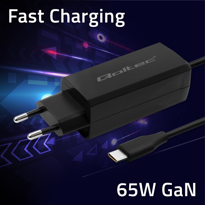 Qoltec 52419 65W GaN Super Fast Charger| 5-20V | 3-3.25A | USB-C 3.1 Qoltec 52419 65W GaN Super Fast Charger| 5-20V | 3-3.25A | USB-C 3.1