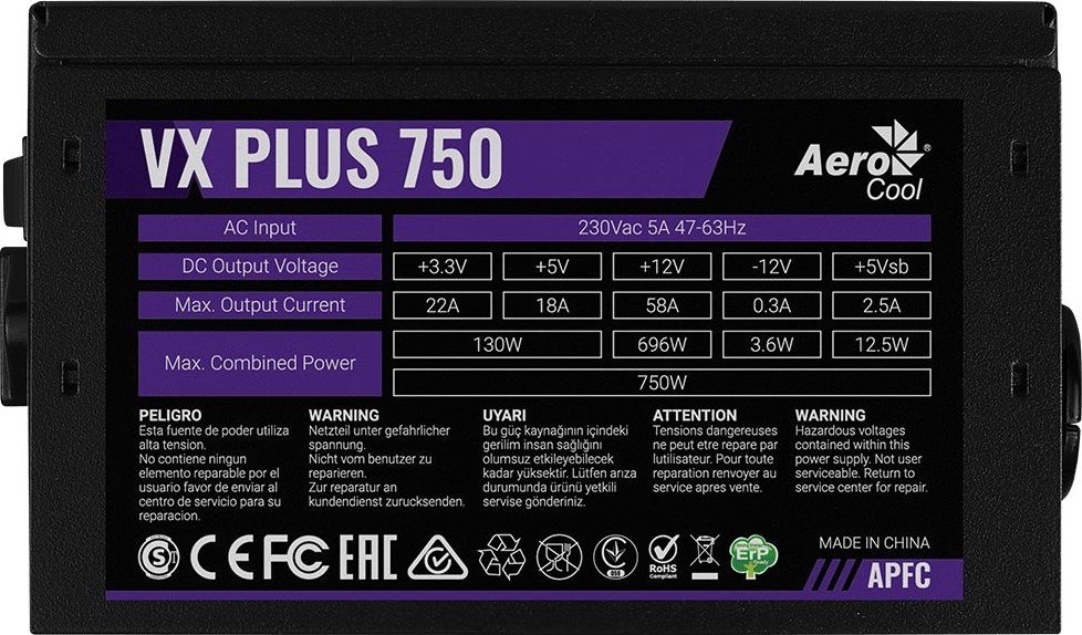 POWER SUPPLY AEROCOOL PGS VX-750PLUS 750W 80+ BOX POWER SUPPLY AEROCOOL PGS VX-750PLUS 750W 80+ BOX