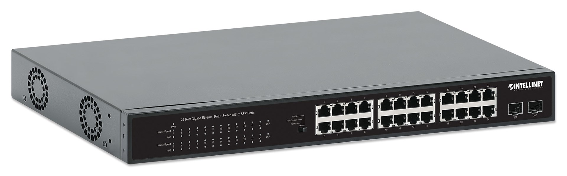 Intellinet 24-Port Gigabit Ethernet PoE+ Switch with 2 SFP Ports IEEE 802.3at/af (PoE+/PoE) Compliant, PoE Power Budget of 370 W, Two 1G SFP Open Slots, 19" Rackmount Intellinet 24-Port Gigabit Ethernet PoE+ Switch with 2 SFP Ports IEEE 802.3at/af (PoE+/PoE) Compliant, PoE Power Budget of 370 W, Two 1G SFP Open Slots, 19" Rackmount