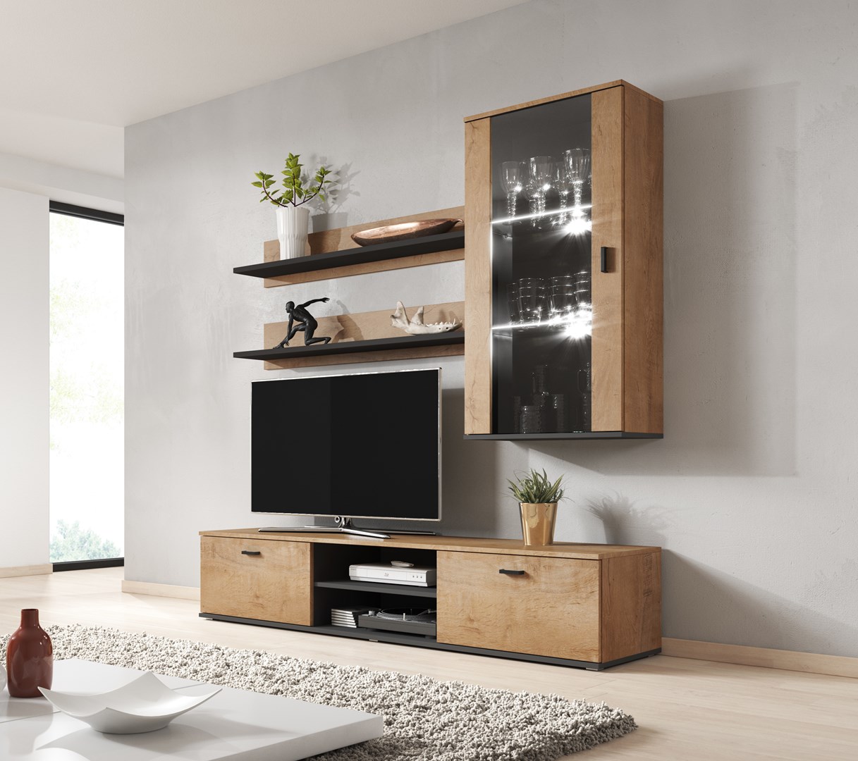 Cama SOHO 5 set (RTV180 cabinet + wall unit + shelves) oak lefkas + black Cama SOHO 5 set (RTV180 cabinet + wall unit + shelves) oak lefkas + black