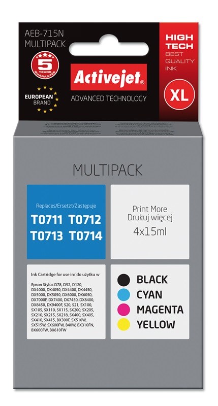 Activejet AEB-715N Ink (replacement for Epson T0715; Supreme; 4 x 15 ml; black, magenta, cyan, yellow) Activejet AEB-715N Ink (replacement for Epson T0715; Supreme; 4 x 15 ml; black, magenta, cyan, yellow)