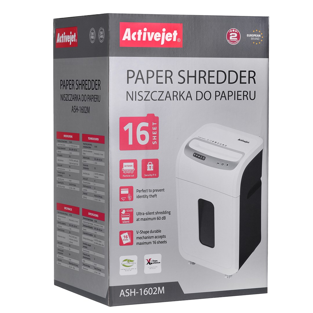 Shredder Activejet ASH-1602M, P-5, 28 l, 2x14 mm shreds, white Shredder Activejet ASH-1602M, P-5, 28 l, 2x14 mm shreds, white