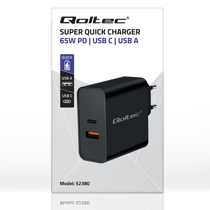 Qoltec 52380 Super Quick PD Charger | 1xUSB-C | 1xUSB | 65W | 5-20V | 1.5-3.25A | Black Qoltec 52380 Super Quick PD Charger | 1xUSB-C | 1xUSB | 65W | 5-20V | 1.5-3.25A | Black