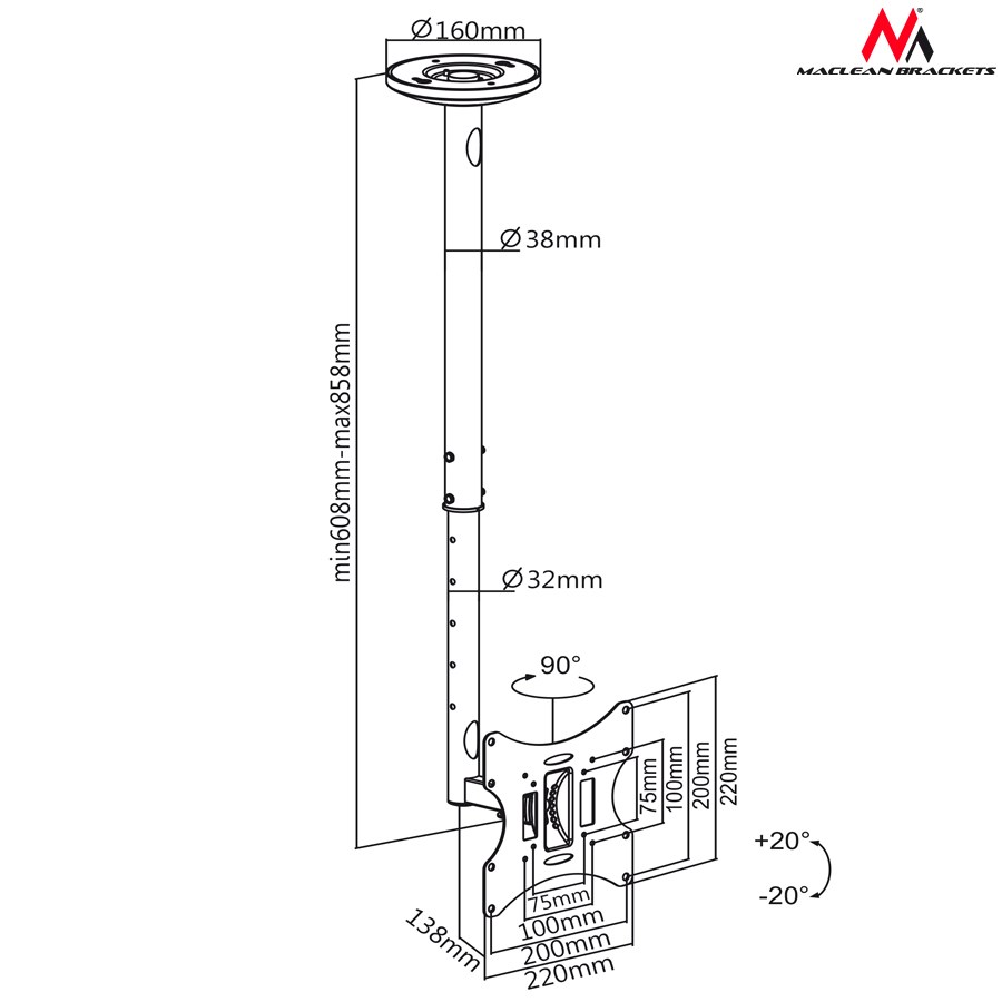 Maclean MC-504A B TV Ceiling Bracket 23-42 "50 - 85 cm 30kg Black Maclean MC-504A B TV Ceiling Bracket 23-42 "50 - 85 cm 30kg Black