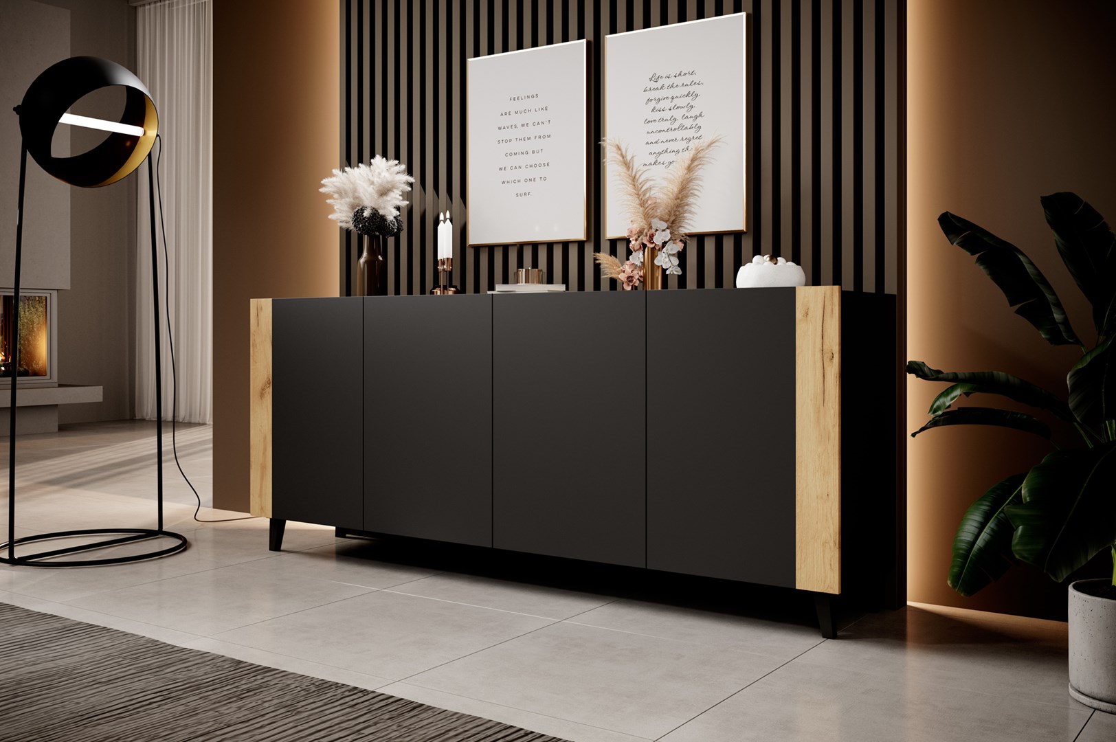 FARO chest of drawers 200x42x82 matte black + oak craft FARO chest of drawers 200x42x82 matte black + oak craft