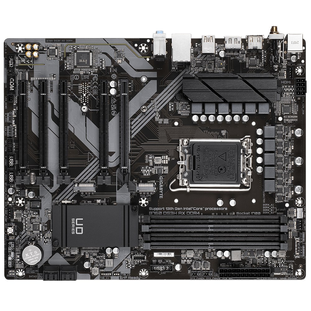 Gigabyte B760 DS3H AX DDR4 Motherboard - Supports Intel Core 14th CPUs, 8+2+1 Phases Digital VRM, up to 5333MHz DDR4 (OC), 2xPCIe 4.0 M.2, Wi-Fi 6E, GbE LAN, USB 3.2 Gen 2 Gigabyte B760 DS3H AX DDR4 Motherboard - Supports Intel Core 14th CPUs, 8+2+1 Phases Digital VRM, up to 5333MHz DDR4 (OC), 2xPCIe 4.0 M.2, Wi-Fi 6E, GbE LAN, USB 3.2 Gen 2