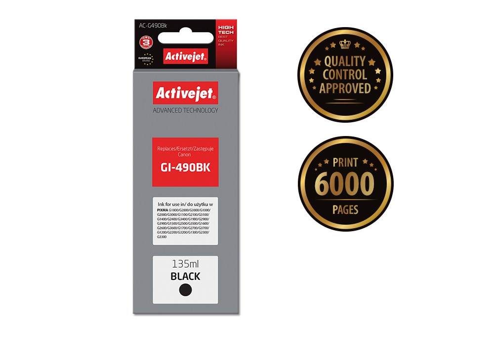 Activejet AC-G490Bk Ink (replacement for Canon GI-490BK; Supreme; 135 ml; 6000 pages, black) Activejet AC-G490Bk Ink (replacement for Canon GI-490BK; Supreme; 135 ml; 6000 pages, black)