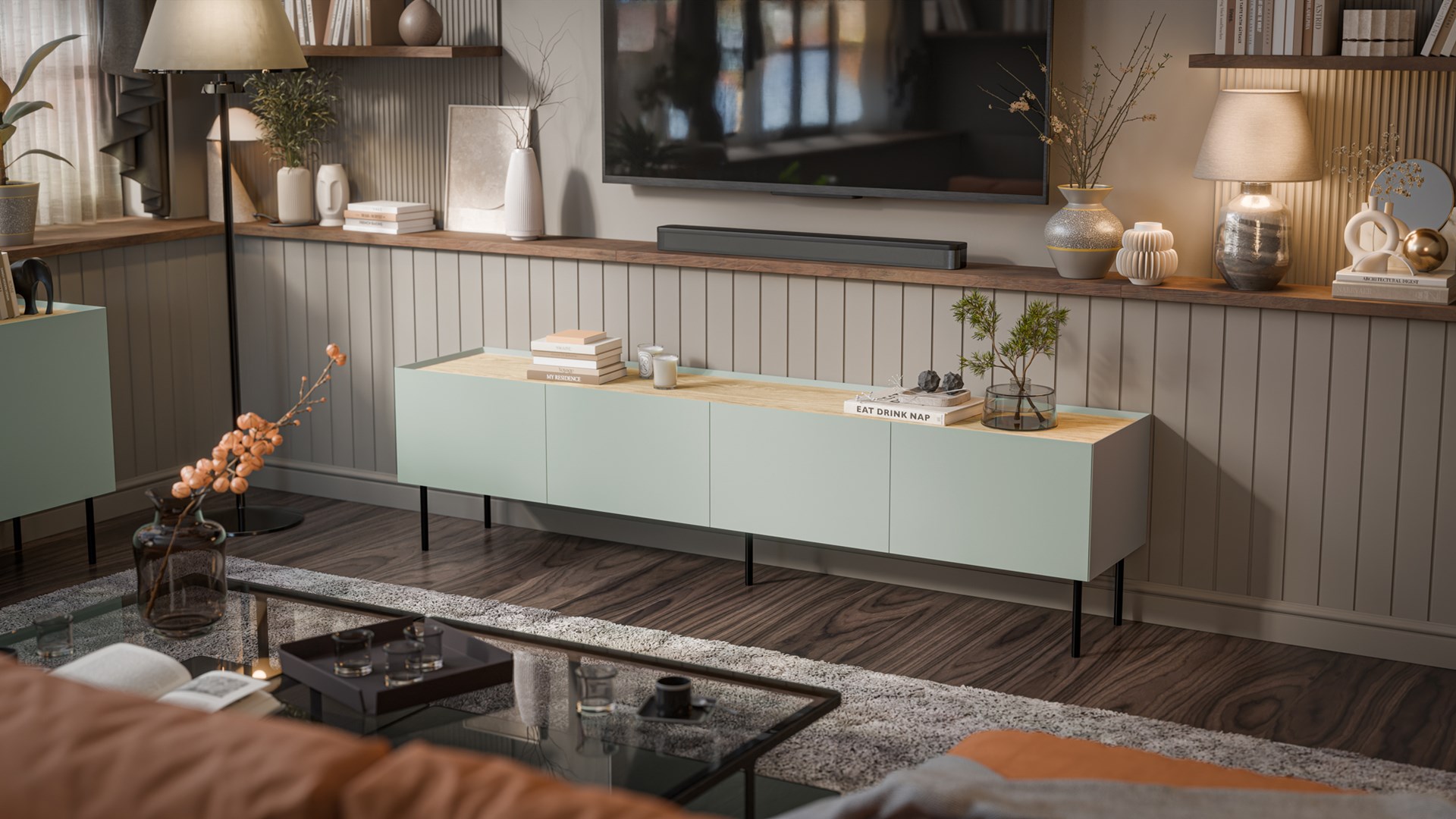 Cama FELLINI TV cabinet 200x40x52 olive + oiled oak top Cama FELLINI TV cabinet 200x40x52 olive + oiled oak top