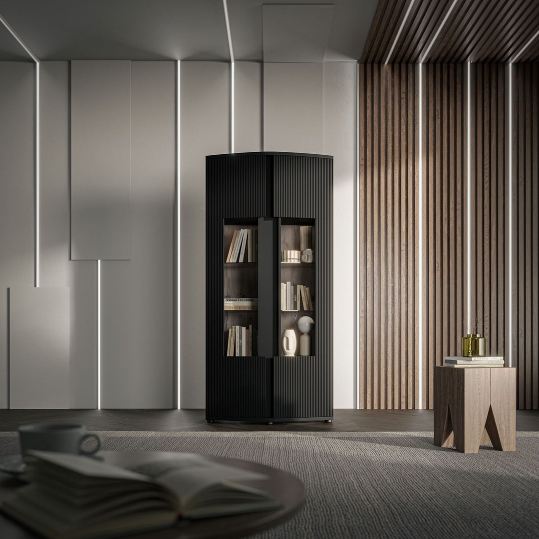 Cama 2D display cabinet MICHELLE 86x35-47xH180 black/viking oak Cama 2D display cabinet MICHELLE 86x35-47xH180 black/viking oak