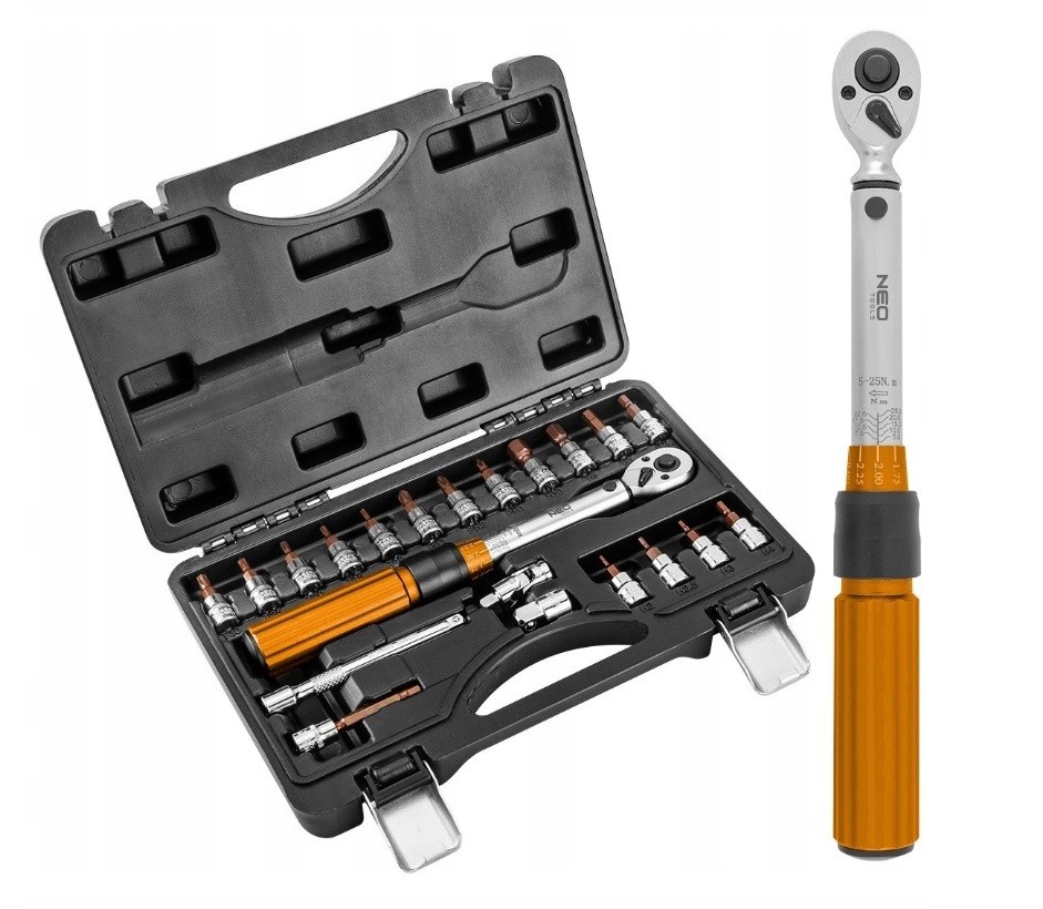 Neo Tools 1/4" bi-directional torque wrench, 5-25NM, set of 21 pcs. Neo Tools 1/4" bi-directional torque wrench, 5-25NM, set of 21 pcs.