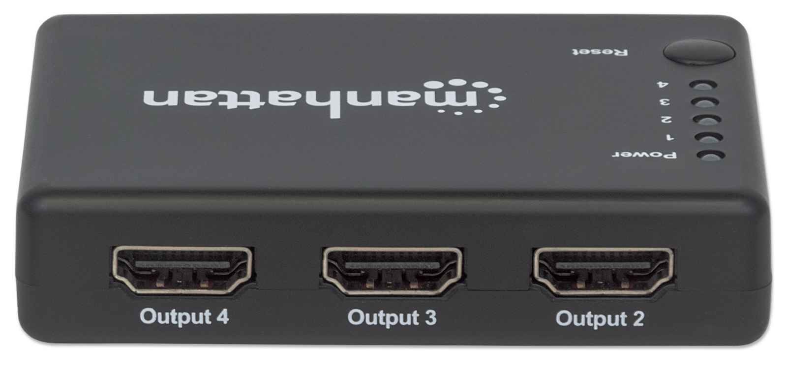 Manhattan HDMI Splitter 4-Port (Compact), 4K@30Hz, Displays output from x1 HDMI source to x4 HD displays (same output to four displays), AC Powered (cable 0.7m), Black, Three Year Warranty Manhattan HDMI Splitter 4-Port (Compact), 4K@30Hz, Displays output from x1 HDMI source to x4 HD displays (same output to four displays), AC Powered (cable 0.7m), Black, Three Year Warranty