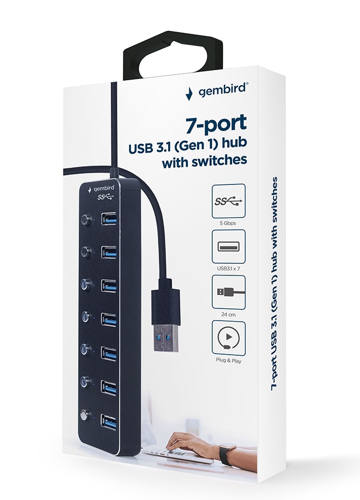 Gembird UHB-U3P7P-01 7-port USB 3.1 (Gen 1) hub with switches, black Gembird UHB-U3P7P-01 7-port USB 3.1 (Gen 1) hub with switches, black