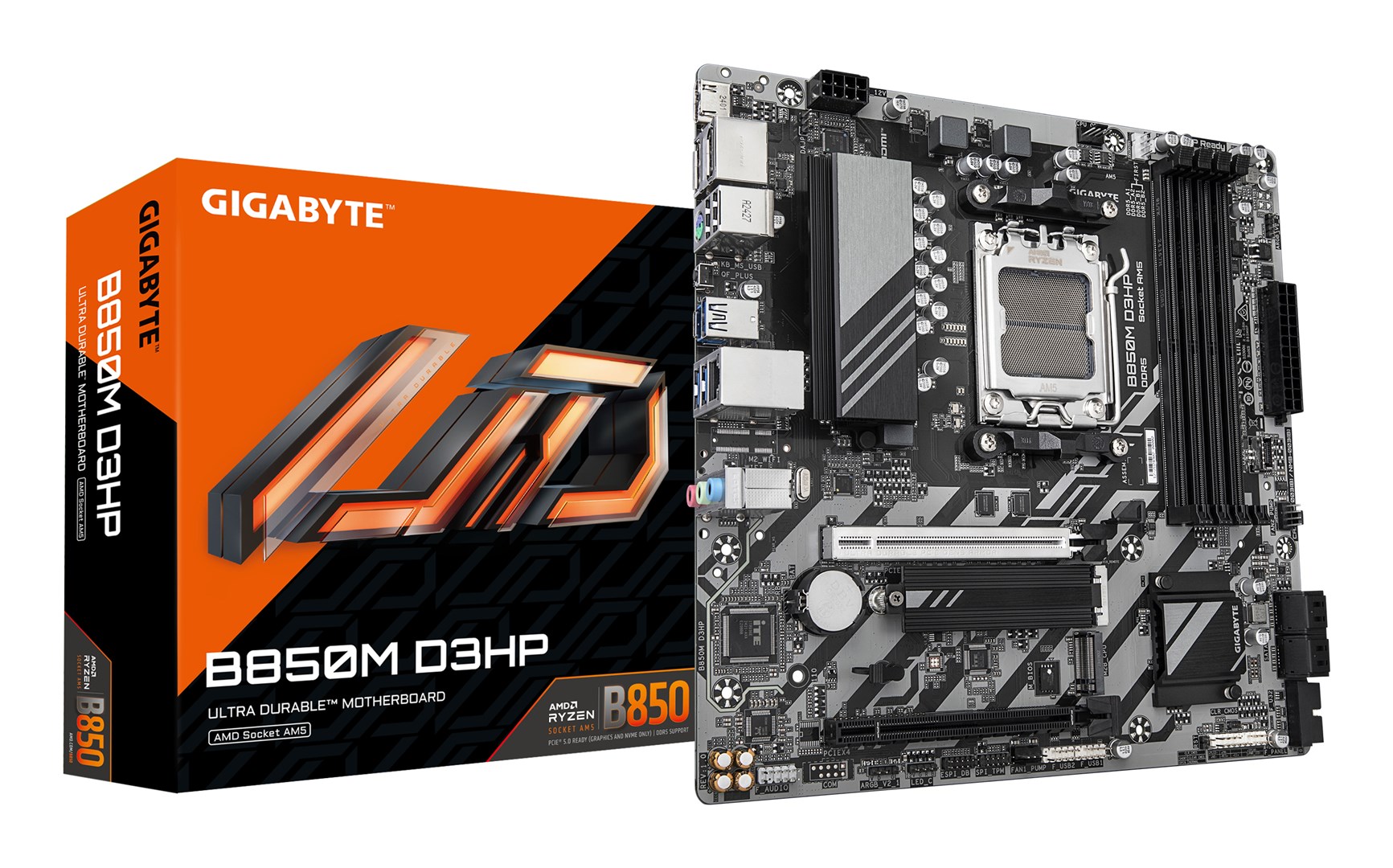 GIGABYTE B850M D3HP Motherboard - AMD Ryzen 9000 Series CPUs, 5+2+2 Phases Digital VRM, up to 8200MHz DDR5 (OC), 1xPCIe 5.0 + 1xPCIe 4.0 M.2, GbE LAN, USB 3.2 Gen 2 GIGABYTE B850M D3HP Motherboard - AMD Ryzen 9000 Series CPUs, 5+2+2 Phases Digital VRM, up to 8200MHz DDR5 (OC), 1xPCIe 5.0 + 1xPCIe 4.0 M.2, GbE LAN, USB 3.2 Gen 2