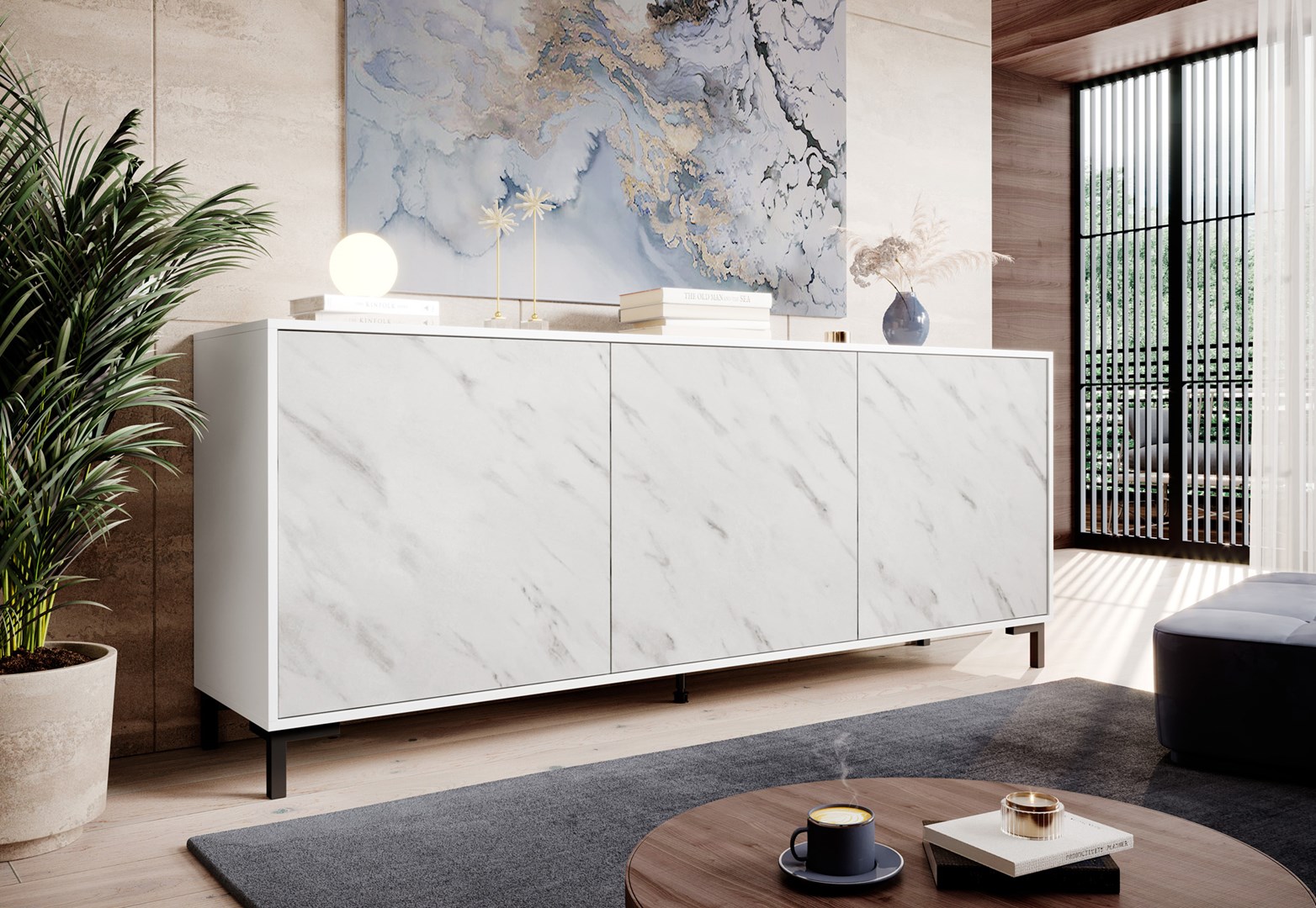 MARMO 3D chest of drawers 200x45x80,5 cm white matt/marble white MARMO 3D chest of drawers 200x45x80,5 cm white matt/marble white