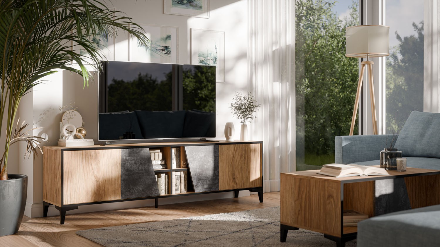 Cama 4D RTV cabinet OVO 180x38xH53 oak/concrete Cama 4D RTV cabinet OVO 180x38xH53 oak/concrete