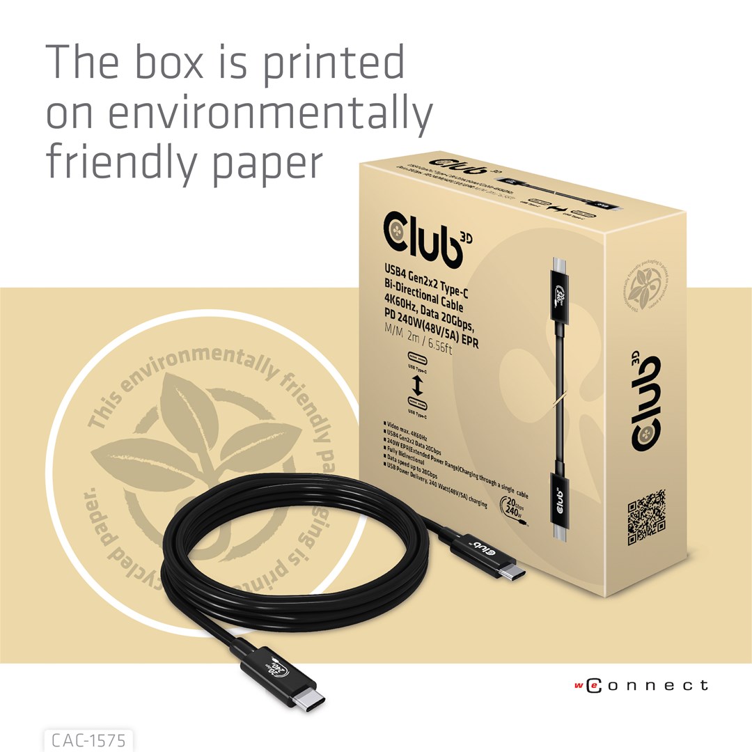 CLUB3D USB4 Gen2x2 Type-C Bi-Directional Cable 4K60Hz, Data 20Gbps, PD 240W(48V/5A) EPR M/M 2m CLUB3D USB4 Gen2x2 Type-C Bi-Directional Cable 4K60Hz, Data 20Gbps, PD 240W(48V/5A) EPR M/M 2m