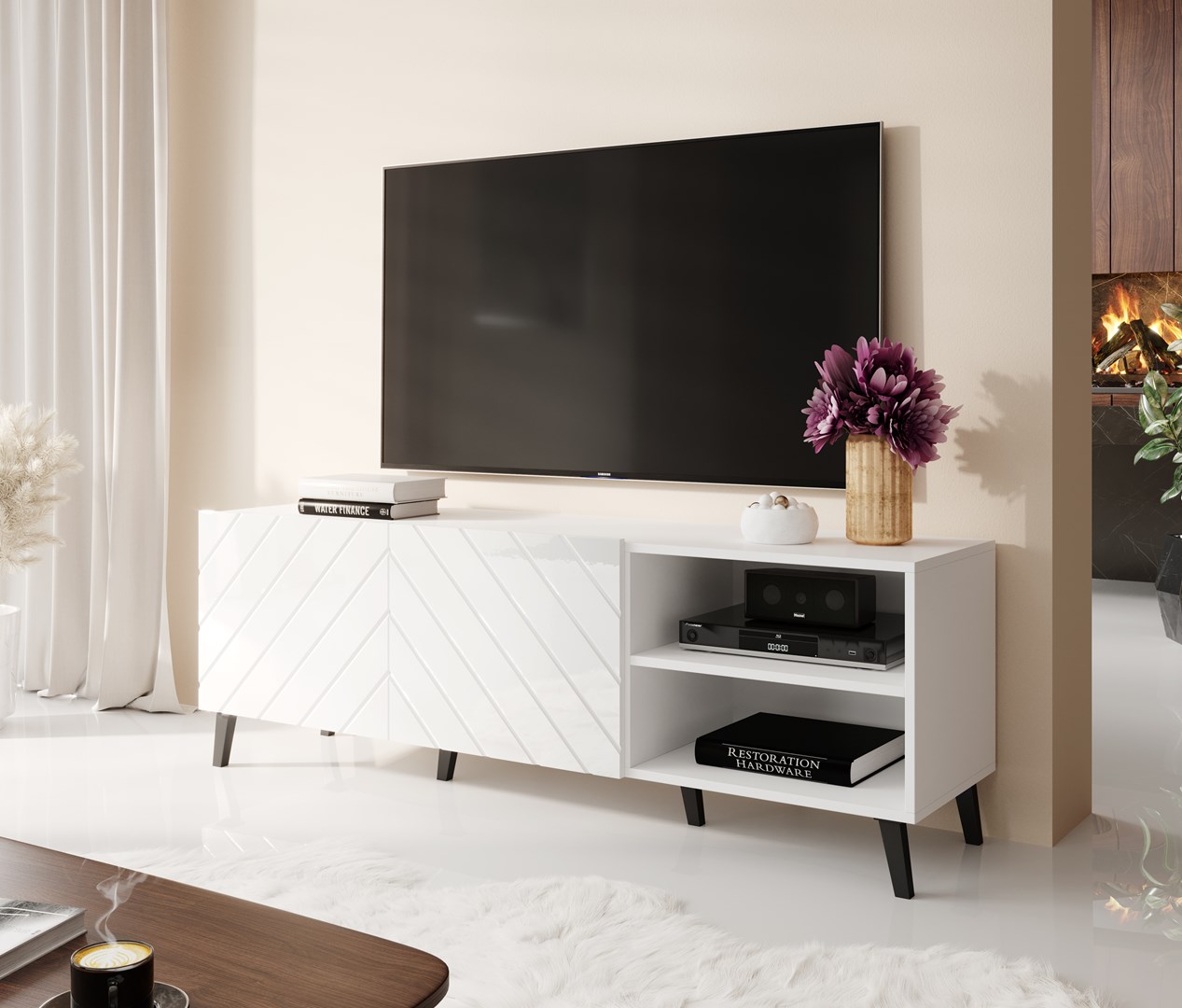 RTV cabinet ABETO 150x42x52 white/white glossy RTV cabinet ABETO 150x42x52 white/white glossy