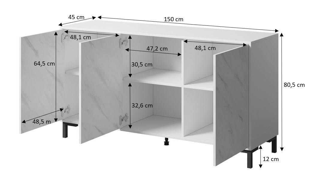 MARMO 3D chest of drawers 150x45x80.5 cm matte black/marble black MARMO 3D chest of drawers 150x45x80.5 cm matte black/marble black