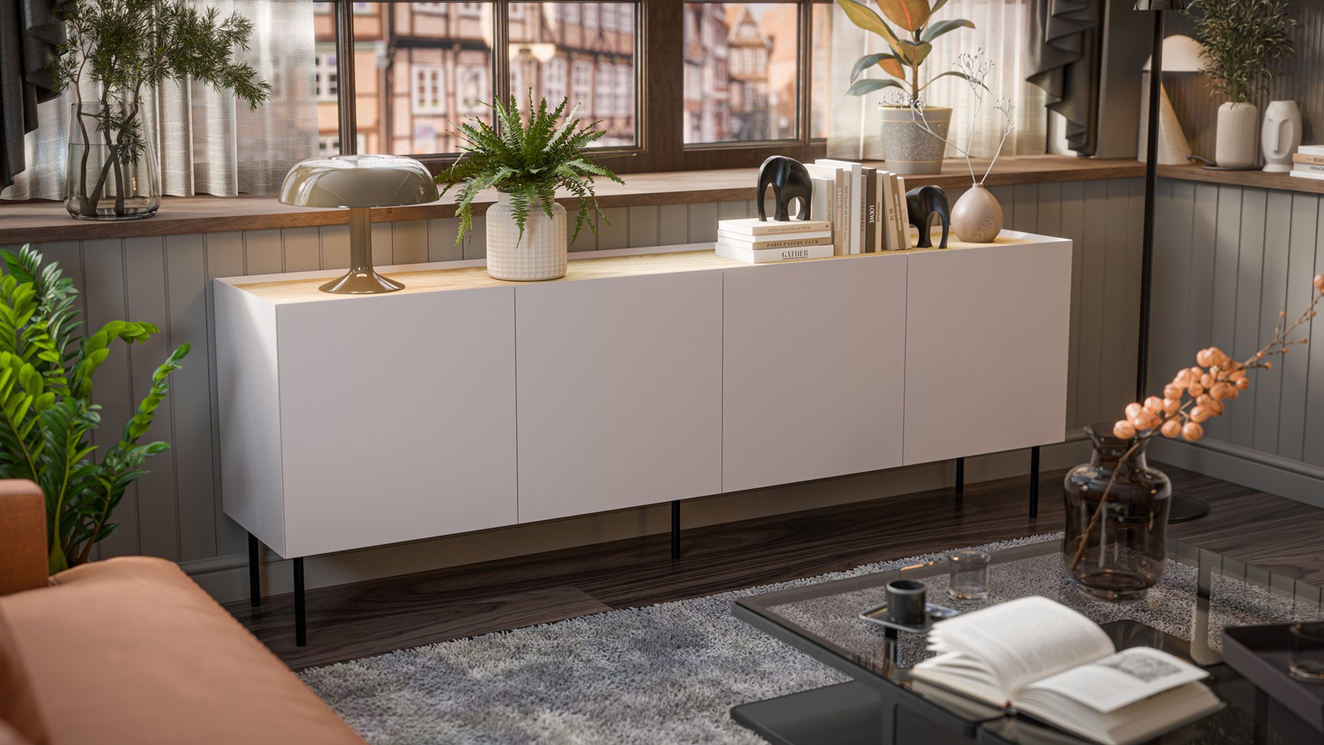 Cama FELLINI chest of drawers 200x40x70 cashmere + oiled oak top Cama FELLINI chest of drawers 200x40x70 cashmere + oiled oak top