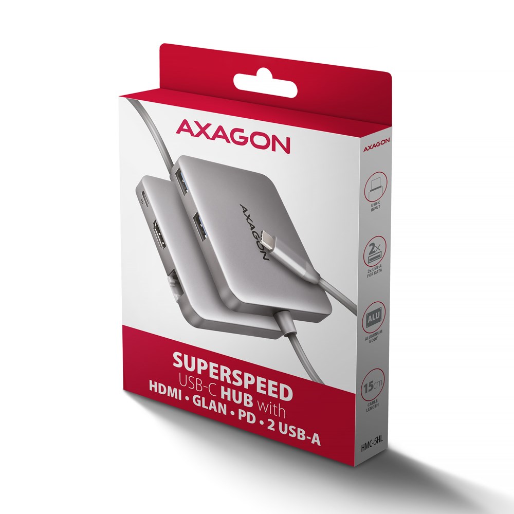 Axagon N HMC-5HL USB 5Gbps hub 2x USB-A HDMI 4k/60Hz RJ-45 GLAN PD 100W kabel USB-C Wired USB 3.2 Gen 1 (3.1 Gen 1) Type-C Silver Axagon N HMC-5HL USB 5Gbps hub 2x USB-A HDMI 4k/60Hz RJ-45 GLAN PD 100W kabel USB-C Wired USB 3.2 Gen 1 (3.1 Gen 1) Type-C Silver