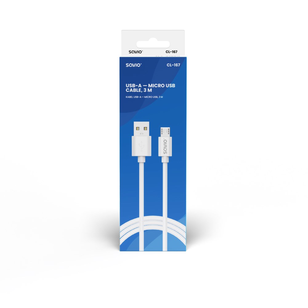 USB cable 3 m USB 2.0, USB A - Micro USB White SAVIO CL-167 USB cable 3 m USB 2.0, USB A - Micro USB White SAVIO CL-167