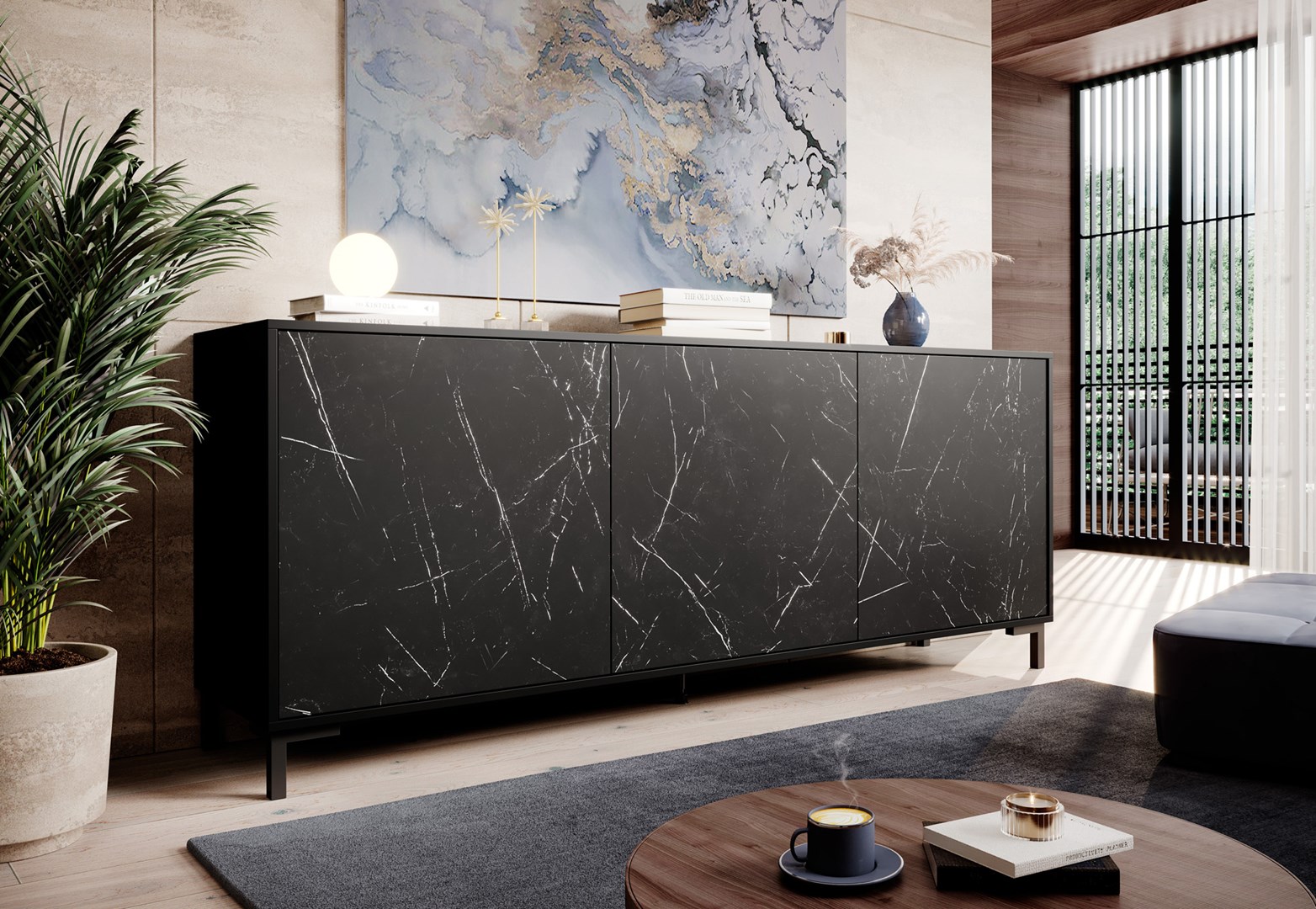 MARMO 3D chest of drawers 200x45x80,5 cm matte black/marble black MARMO 3D chest of drawers 200x45x80,5 cm matte black/marble black