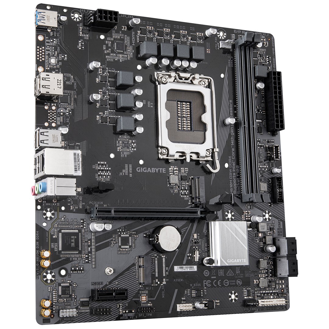 GIGABYTE H610M D3W DDR4 Motherboard - Supports 14th Gen. Intel Core CPUs, 5+1+1 phases VRM, up to 3200MHz DDR4, 1xPCIe 3.0 M.2, 1GbE LAN, USB 3.2 Gen 1 GIGABYTE H610M D3W DDR4 Motherboard - Supports 14th Gen. Intel Core CPUs, 5+1+1 phases VRM, up to 3200MHz DDR4, 1xPCIe 3.0 M.2, 1GbE LAN, USB 3.2 Gen 1