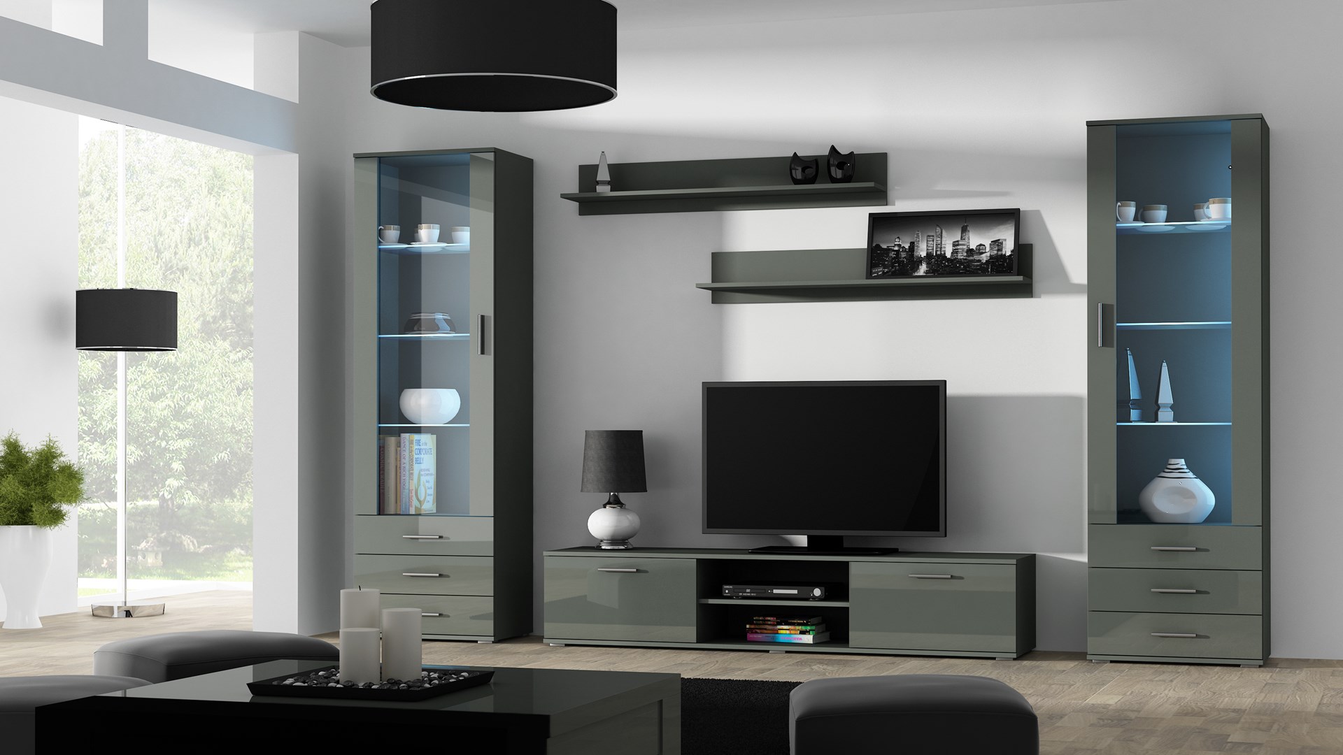 SOHO 4 set (RTV180 cabinet + 2x S1 cabinet + shelves) Gloss grey/grey SOHO 4 set (RTV180 cabinet + 2x S1 cabinet + shelves) Gloss grey/grey