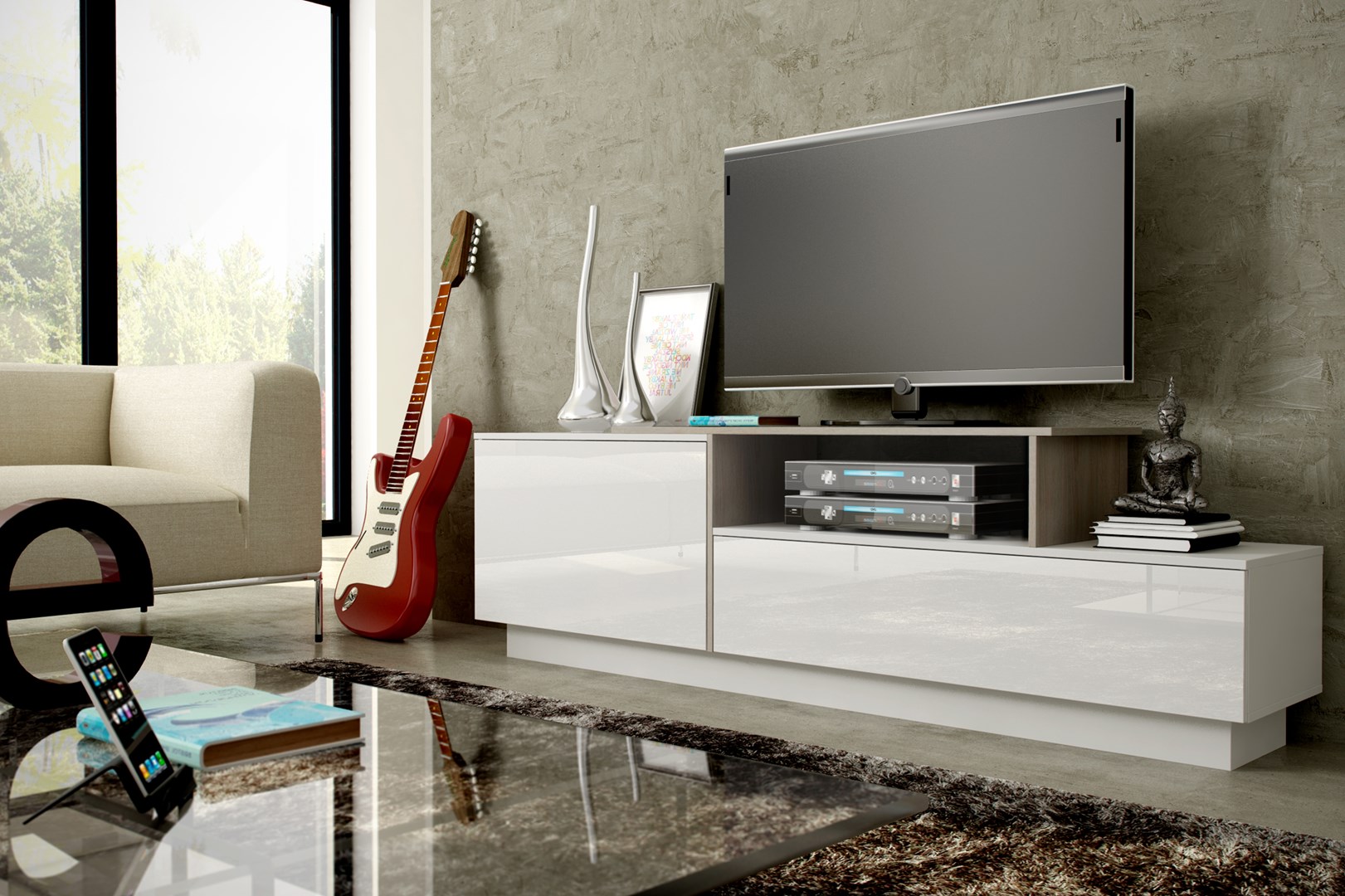 Cama TV cabinet SIGMA 3 180 white/white gloss + sonoma oak Cama TV cabinet SIGMA 3 180 white/white gloss + sonoma oak