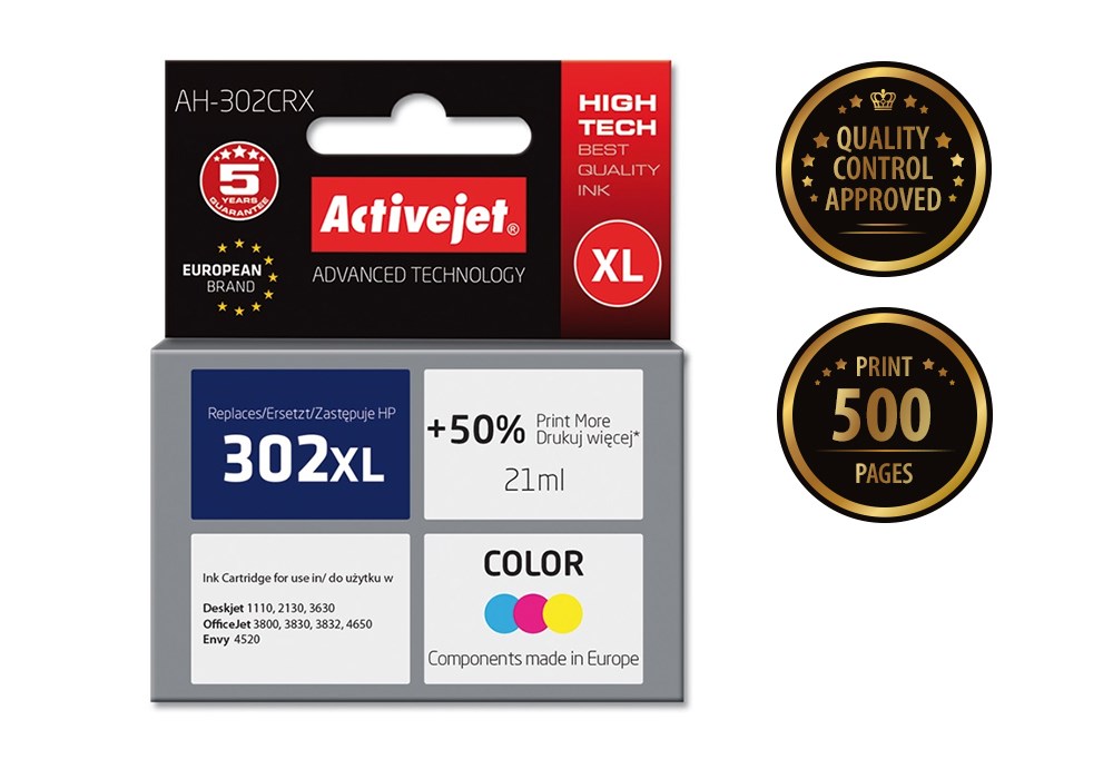 Activejet AH-302CRX Ink (replacement for HP 302XL F6U67AE; Premium; 21 ml; 500 pages, color) Activejet AH-302CRX Ink (replacement for HP 302XL F6U67AE; Premium; 21 ml; 500 pages, color)