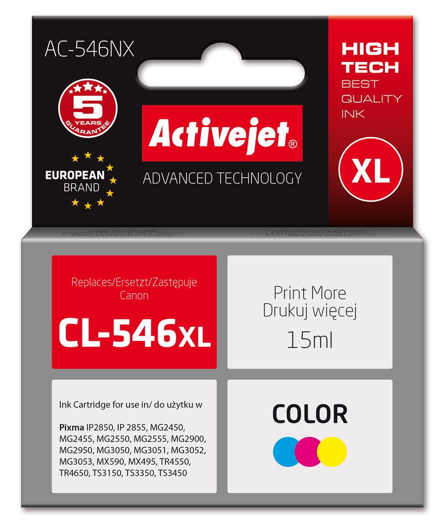 Activejet AC-546NX Printer Ink for Canon, Replacement Canon CL-546XL; Supreme; 15 ml; colour, cyan, magenta, yellow Activejet AC-546NX Printer Ink for Canon, Replacement Canon CL-546XL; Supreme; 15 ml; colour, cyan, magenta, yellow