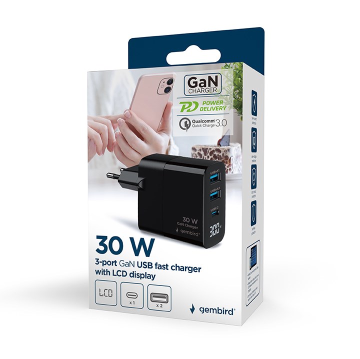 Gembird TA-UC-PDQC30LCD-BK-02 mobile device charger Universal Black AC Fast charging Indoor Gembird TA-UC-PDQC30LCD-BK-02 mobile device charger Universal Black AC Fast charging Indoor