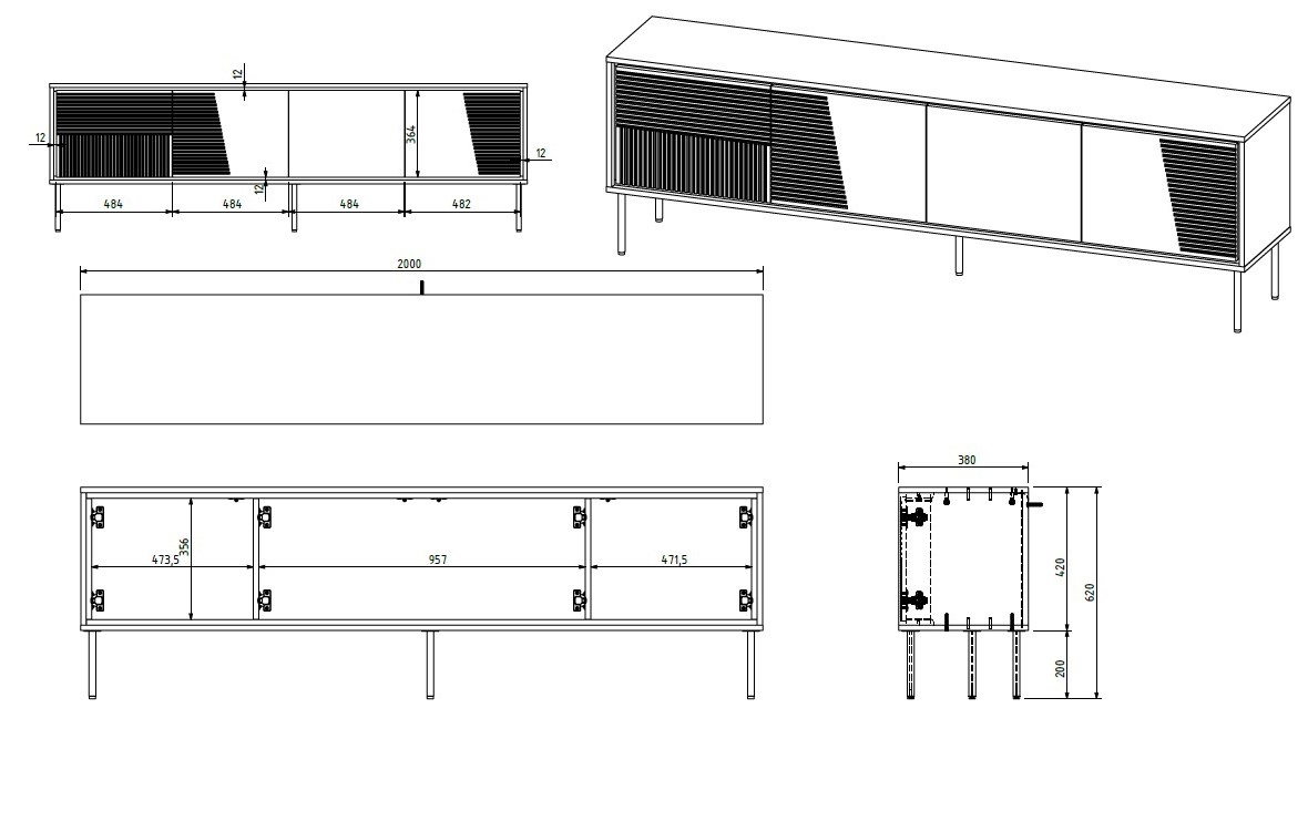 RTV cabinet ABI 4D 200x38x62 white matt RTV cabinet ABI 4D 200x38x62 white matt