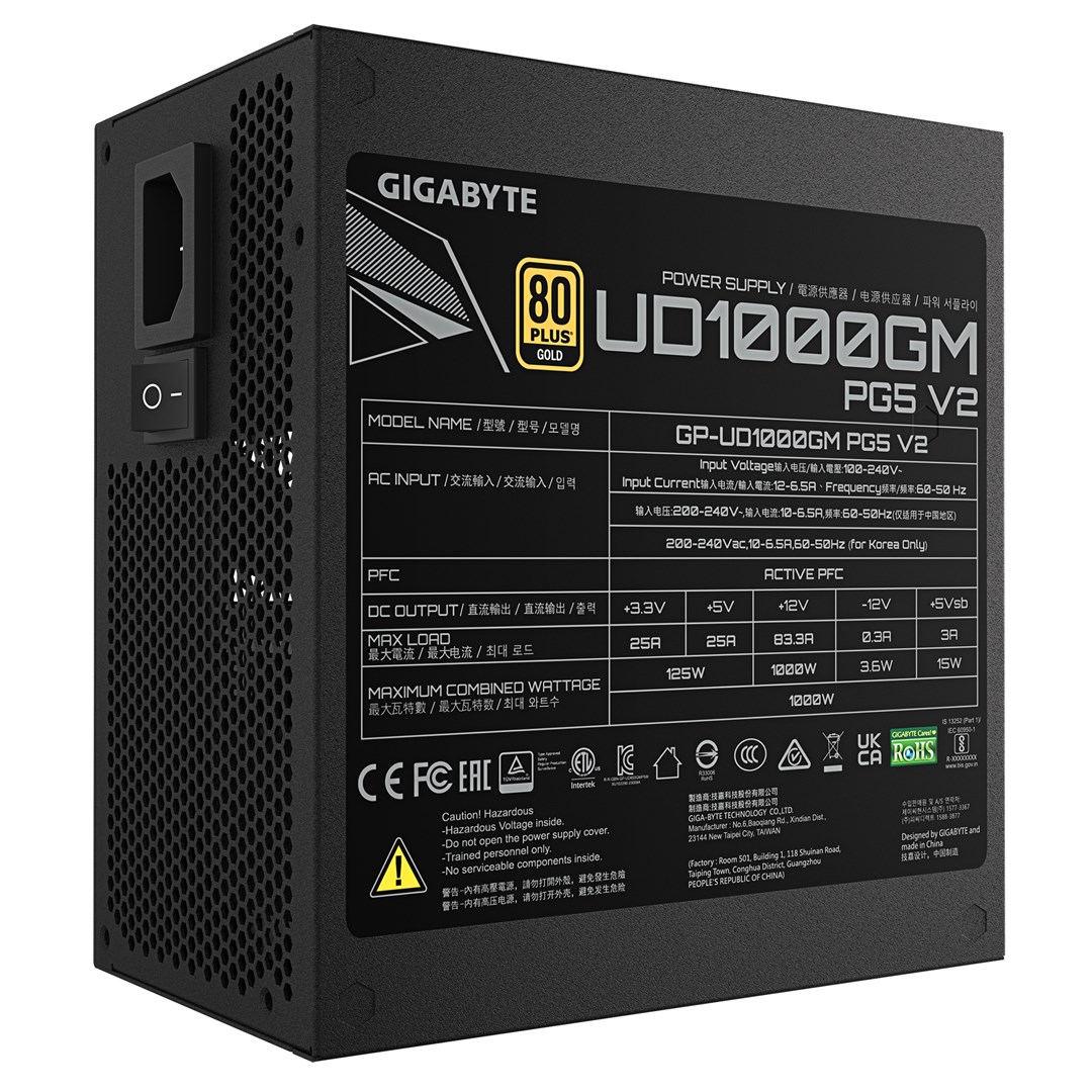 GIGABYTE UD1000GM PG5 V2 Power Supply Unit- PCIe Gen 5.1, 80 PLUS Gold, Fully Modular Design, 120mm Fan, ATX 3.1 compatible, EU Plug GIGABYTE UD1000GM PG5 V2 Power Supply Unit- PCIe Gen 5.1, 80 PLUS Gold, Fully Modular Design, 120mm Fan, ATX 3.1 compatible, EU Plug