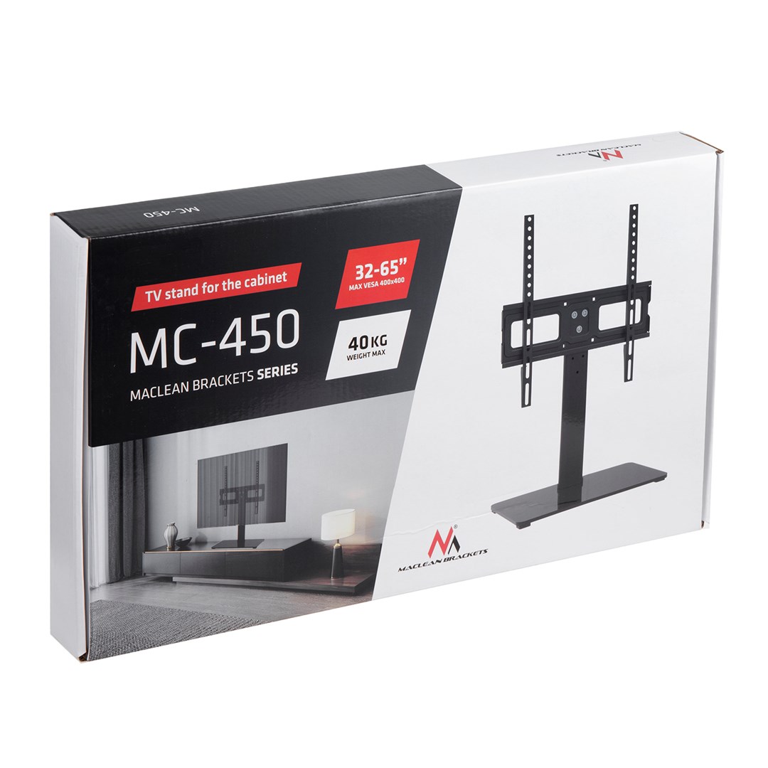 Maclean MC-450 Universal TV Stand for TV Cabinet max. 40kg, max. VESA 400x400 32-65" Tempered Glass Base 3-Level Height Adjustment Maclean MC-450 Universal TV Stand for TV Cabinet max. 40kg, max. VESA 400x400 32-65" Tempered Glass Base 3-Level Height Adjustment