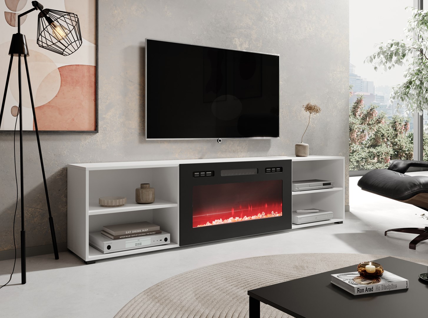 RTV cabinet POLO 200x33x50.5 white + fireplace black RTV cabinet POLO 200x33x50.5 white + fireplace black